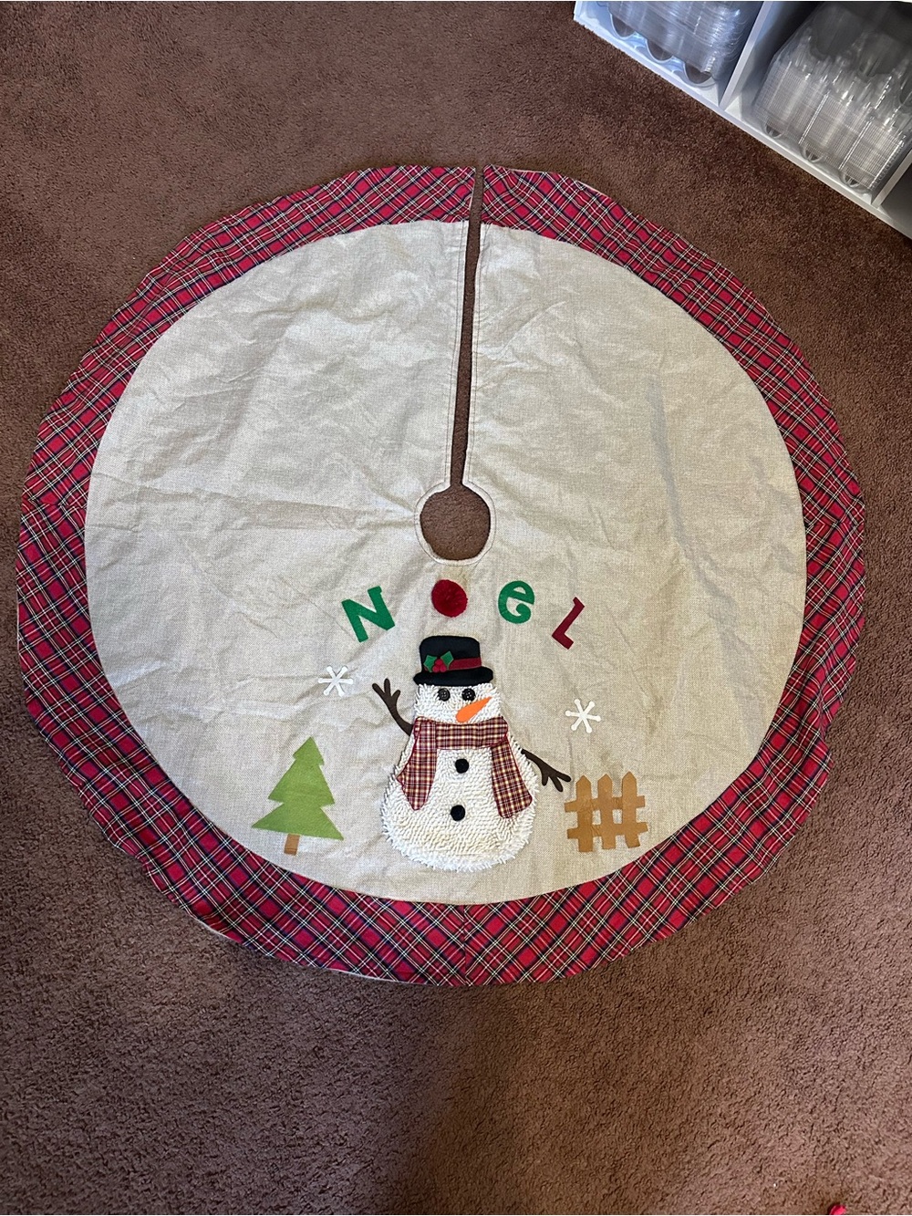 Holiday Snowman Tree Skirt in Cream and Red Plaid